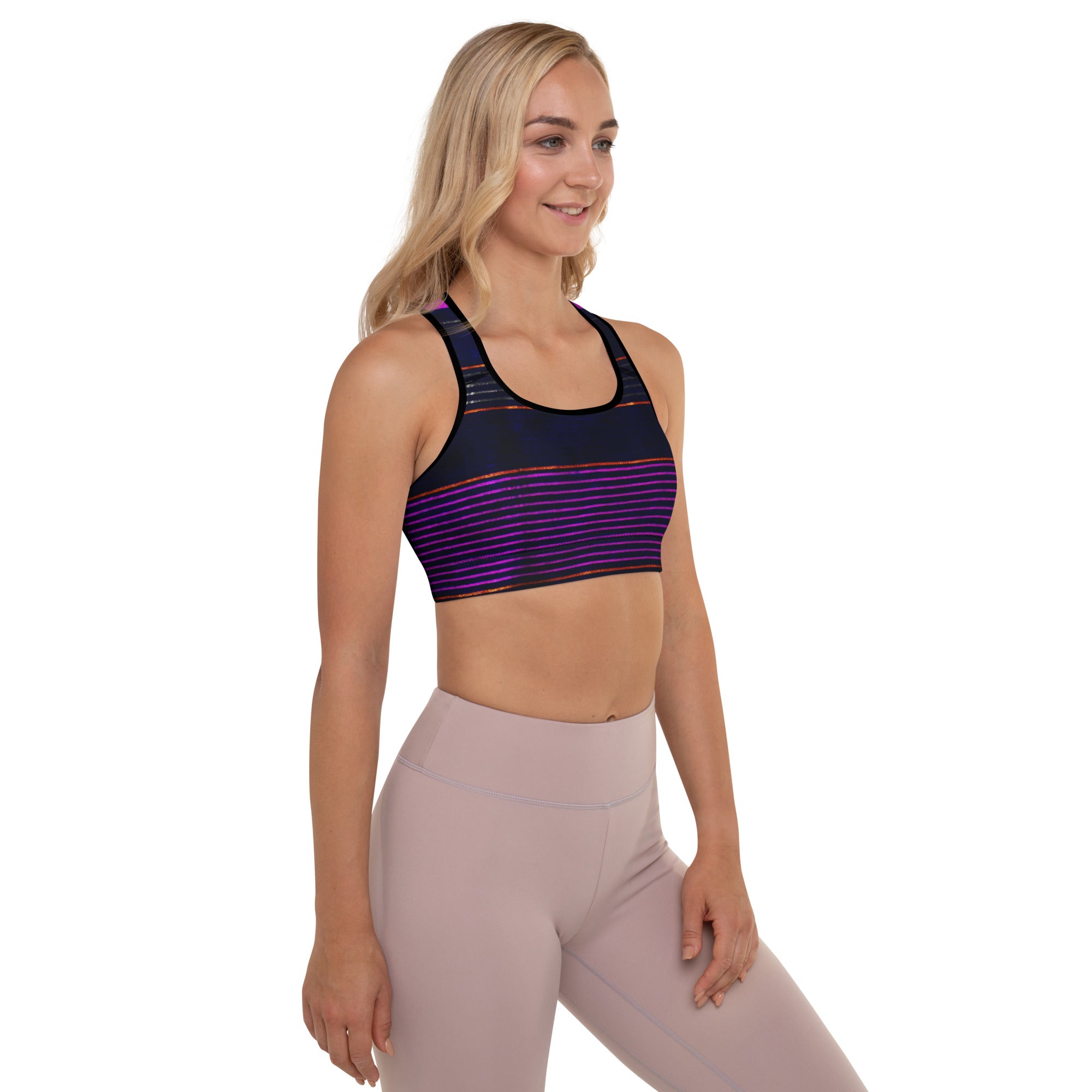 Sports Bra. Black Gym Fitness Top. Purple Stripes Dance top. Yoga Top or Training Bra. Peppermint by WickedYo.